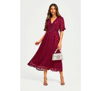 FS Collection Women's Polka Dot Jacquard Lace Trim V Neck Midi Dress In Wine | Size: Medium FS Collection Wine M