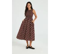 FS Collection Women's Polka Dot Shirred Bodice Tie Back Sleeveless Midi Dress in Brown | Size: Medium FS Collection Brown M