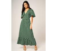 FS Collection Women's Polka Dot V-Neck Angel Sleeve Midi Dress in Green | Size: Large FS Collection Green L