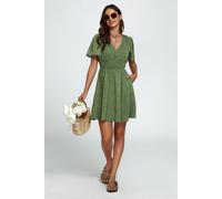 FS Collection Women's Polka Dot V-Neck Mini Dress with Shirred Waist in Olive | Size: XS FS Collection Olive XS