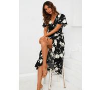 FS Collection Women's Printed Angel Sleeve Wrap Dress in Black | Size: Medium FS Collection Black M