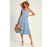 FS Collection Women's Relaxed Linen Self Tie Shoulder Tiered Midi Dress In Light Blue | Size: XS FS Collection Light Blue XS