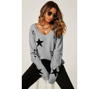 FS Collection Women's Relaxed Soft V Neck Animal Star Pattern Jumper Top In Grey