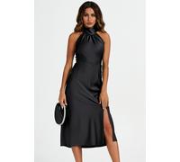 FS Collection Women's Satin Halter Neck Tie Back Cut Detail Split Midi Dress In Black | Size: 2XL FS Collection Black 2XL