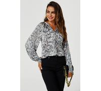 FS Collection Women's Satin Snake Print Collarless long sleeve Blouse Top In Grey | Size: Small FS Collection Grey S