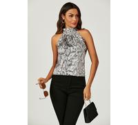 FS Collection Women's Satin Snake Print Halter Neck Tie Back Top In Silver Grey | Size: Large FS Collection Grey L