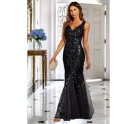 FS Collection Women's Sequin Leaf Detailed V Neck Bridesmaid Maxi Dress In Black | Size: Large FS Collection Black L