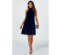 FS Collection Women's Silver Foil Velvet Halter Neck Tie Back Mini Dress In Navy | Size: Small FS Collection Navy S
