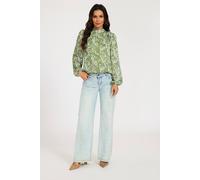 FS Collection Women's Silver Thread Leaf Long Sleeve High Neck Blouse Top in Light Green | Size: Medium FS Collection Light Green M