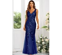 FS Collection Women's V Neck Sequin Leaf Embroidered Maxi Dress in Navy | Size: XS FS Collection Navy XS