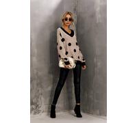 Fs Collection Wool Blended V Neck Jumper In Beige & Black Polka Dot Print Beige One Size