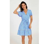 FS Collection Wrap Top Floral Print Hem Mini Dress In Blue - L - Blue