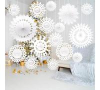 FS-PINGXIANG 16 Pcs White Mix Tissue Paper Fan Party Fan Snowflake Hanging Decoration Winter Christmas Wedding Decorations, Assort Size