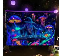 FS-PINGXIANG Halloween Blacklight Witch DJing Tapestry, 300x180CM UV Reactive Horror Wizard DJ Wall Tapestry Backdrop, Mushroom Posters Wall Hanging for Bedroom Living Room Decoration