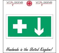 FS077 First Aid Here Below Arrow SIGN cross box cabinet below medical aider aid 200mm x 100mm 3mm Standard Foamex Foamboard