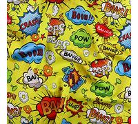 FS161_5 Yellow Comic Boom Bang Pow Knock What Oops Wow Print Scuba Dressmaking Fabric | Sold by The Metre | Polyester Elastane Jersey Stretch Drape