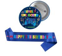 FSADASY 7th Birthday Badge Sash Set - 2 Pcs Boys Blue Gaming Themed Design Level 7 UNLOCKED Badge Happy 7th Birthday Sash Decorations for 7 Years Old Boy Party Decoration Gifts