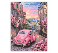 Fsahiuf Paint by Numbers Adults, Paint by Numbers Set, Vintage Pink Beetle Car in Paris Street, Romantic City Scene with Flowers, DIY Acrylic Painting on Canvas