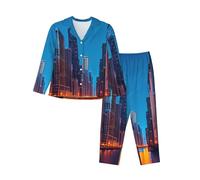 FSCEV Chicago Night Women'S Long-Sleeved Pajama Set Cardigan Two Piece Comfy Sleepwear And Loungewear Black