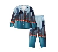 FSCEV Chicago Women'S Long-Sleeved Pajama Set Cardigan Two Piece Comfy Sleepwear And Loungewear Black