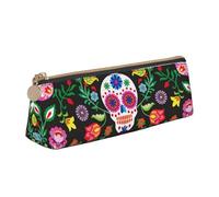 FSCEV Sugar Horror Skull and Flowers Leather Pencil Case Lightweight Small Pencils Cases Stationery Bag
