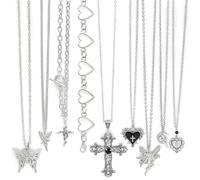 Fscwlmon 10PCS Layered Grunge Y2K Goth Necklace Set for Women Men Gothic Cross Thorns Butterfly Goth Heart Feather Choker Vintage Grunge Witchy Alternative Jewelry Y2K Alt Emo Scene Accessory Gift