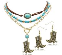 Fscwlmon 2 Pcs Layered Western Boots Necklaces Earrings Set Western Jewelry for Women Boho Turquoise Beaded Choker Cowgirl Rodeo Boots Concho Earrings Cowboy Chic Country Concert Outfits Accessory