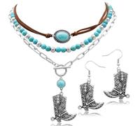 Fscwlmon 2 Pcs Layered Western Boots Necklaces Earrings Set Western Jewelry for Women Boho Turquoise Beaded Choker Cowgirl Rodeo Boots Concho Earrings Cowboy Chic Country Concert Outfits Accessory