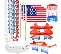 Fscwlmon 24PCS 4th of July Outfits for Women Red White and Blue Accessories Set Patriotic Beads Necklaces USA Star Glasses Glitter Freckles American Flags Independence Bracelets Memorial Day Outfit XX