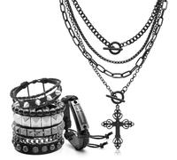 Fscwlmon 5 Pcs Layered Star Grunge Emo Studded Bracelets Goth Necklace Set for Women Men Y2K Star Guitar Gothic Choker Punk Rock Spiked Leather Bracelets 80s Emo Accessories Y2K Goth Jewelry Gifts