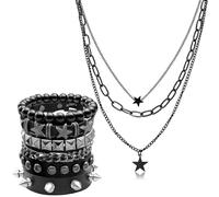 Fscwlmon 5 Pcs Layered Star Grunge Emo Studded Bracelets Goth Necklace Set for Women Men Y2K Star Guitar Gothic Choker Punk Rock Spiked Leather Bracelets 80s Emo Accessories Y2K Goth Jewelry Gifts