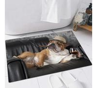 FSDGY Non-slip Barrier Mats Door Mat, Super Absorbent Entrance Rug Machine Washable Soft Floor Mat Carpet,Bulldog, Humorous Photo of a Gentleman Resting on a Chair with a Glass of Drink and a,24x35in