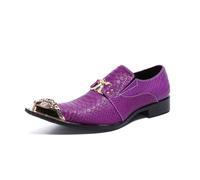 FSDIYU Men's Leather Shoes, Elegant purple plaid metal pointed toe Men's Dress Shoes, Wedding Party Banquet Nightclub Stage Host Barber Uniform Office Work Shoes, 46 EU,Purple