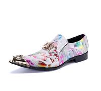 FSDIYU Men's Leather Shoes, Simple colorful printed pointed toe Men's Dress Shoes, Wedding Party Banquet Nightclub Stage Host Barber Uniform Office Work Shoes, 45 EU,White