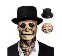FSF.SDVC Adult Halloween Skull Head Bare Brain Masks Full Face Latex Skeleton Moving Jaw Mask for Horror Cosplay Party Prop (Red with Hat)