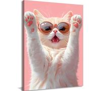 FSFPDVWE Trendy Cat Canvas Wall Art Pink Animal Sunglasses Wall Decor Adorable Cat Painting Academic Aesthetic Poster (30L x 20W,Frame-style)