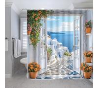 Fsfusvk Coastal Landscape Shower Curtain Ocean Beach Mediterranean White Architecture Potted Plants City Town Street Wooden Window Door Polyester Fabric Bathroom Curtain Sets Hooks 70 x 70 Inch