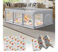 Fshibila 74" ×50" Baby Playpen with Mat, Baby Playard for Babies and Toddlers, Play Pens for Indoor & Outdoor, Sturdy Safety Play Yard with Soft Breathable Mesh, Anti-Fall, Grey