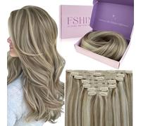 Fshine 18 Inch 105g 7PCS Light Brown with Platinum Blonde Highlights Clipin Human Hair Extensions