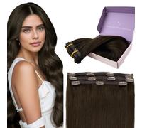 Fshine Clip In Hair Extensions Human Hair Dark Brown 12 Inch 3Pcs Short Brown Human Hair Clip in Extensions Darkest Brown For Women Brazilian Hair Clip In Human Hair Extensions 50g