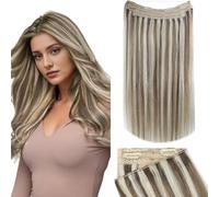 Fshine Clip-in Hair Extensions Real Human Hair Ash Brown Highlighted Platinum Ash Blonde Natural Clip Ins with Transparent Fish Line Straight Wire 18 Inch 120g
