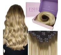 Fshine Clip in Real Human Hair Extensions Ombre 22 Inch 7pcs 120 Grams Chocolate Brown to Caramel Brown and Lightest Blonde Clip in Hair Extensions Remy Hair Long Straight Blonde Hair Extensions