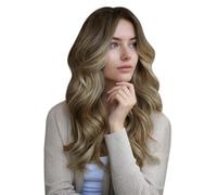 Fshine Genius Long Weft Tape in Hair Extensions Human Hair,Soft and Silky,Color 3 8 22 Chestnut Brown with Golden Blonde Highlights,18 Inch 50 g 1 Piece,Invisible Tape in Weft Extensions