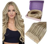Fshine Human Hair Wire Hair Extensions #16 Dark Ash Blonde Highlights With #22 Golden Blonde 14 Inch Secret Wire Hair Extensions Straight Invisible Fish Line Remy Hair Extensions 70g