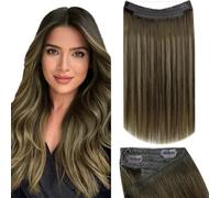 Fshine Invisible Wire Hair Extensions Real Human Hair 18 Inch Dark Brown Secret Extensions Thick Straight Hair Wire Human Hair Extensions Darkest Brown with Light Brown 120g