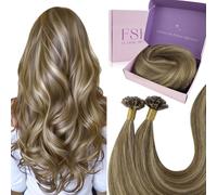 Fshine K Tips Hair Extensions Human Hair Color 4 Highlighted 27 Brown and Honey Blonde Pre Bonded Hair Extension U Tip for Women 20 Inch 1g/Strand 50g/Pack