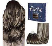Fshine Micro Loop Human Hair Extensions,14 inch 50 g Invisible Micro Ring Remy Hair Extensions,Balayage Color 2 Dark Brown to 60 Platinum Blonde and Brown,for Thickening and Natural Look