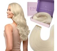 Fshine Real Human Hair Weft Extensions,18 Inch 100 g,Straight Invisible,Color 1000 White Blonde,Flexible for Any Hairstyle Reusable Hair,Bridal Style for Women