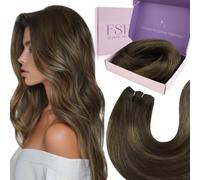 Fshine Weft Extensions Real Human Hair,24 Inch 100 g,Color 2 8 2 Balayage Dark Brown to Light Brown Highlights,Sew In Silky Weave Hair Extensions,for Travel Vacation Holiday Styles for Women