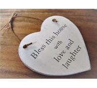 FSL- Home Plaque Heart White wooden hanging Heart sign Bless This House With Love And Laughter